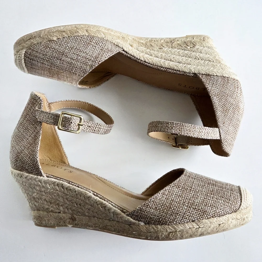 Talbots New Espadrille Wedge Heels With Ankle Strap, Brown, Tan, & Gold, Size 8